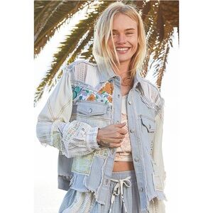 Patchwork Denim and Lace Jacket Distressed Boho Denim Shacket Mixed Floral Lace